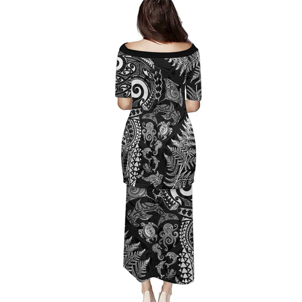 New Zealand Sea Animals Puletasi with Maori Koru Tribal Tattoo and Silver Ferns Black Color