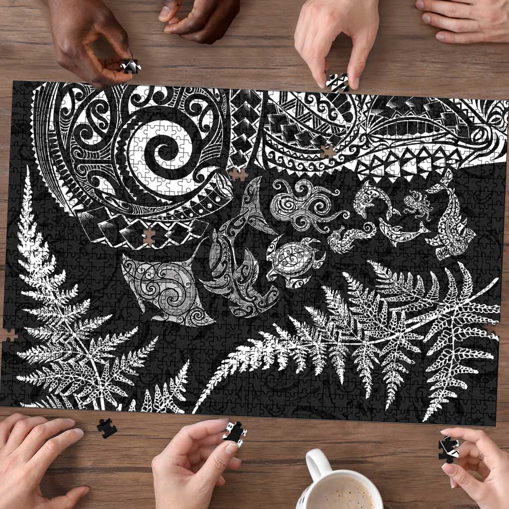 New Zealand Sea Animals Puzzle with Maori Koru Tribal Tattoo and Silver Ferns Black Color