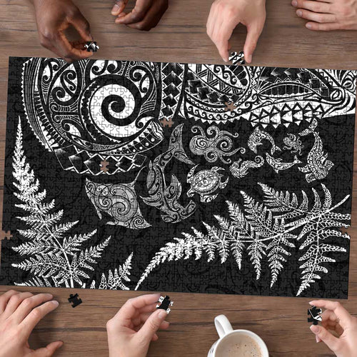 New Zealand Sea Animals Puzzle with Maori Koru Tribal Tattoo and Silver Ferns Black Color