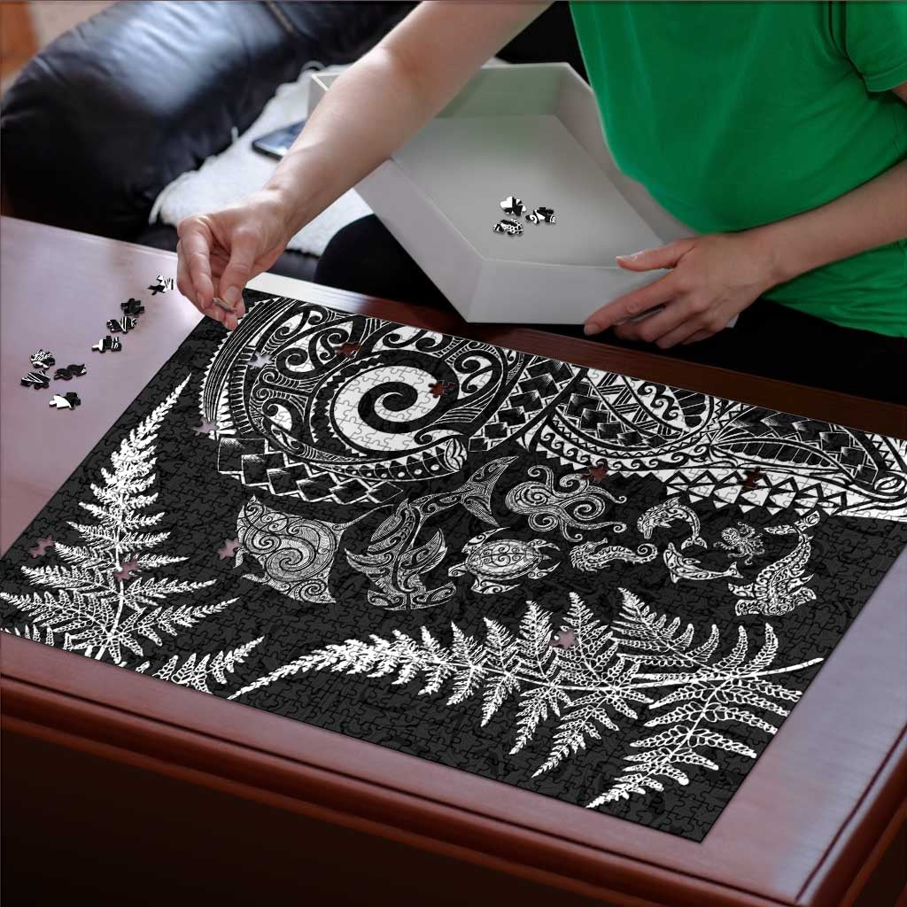 New Zealand Sea Animals Puzzle with Maori Koru Tribal Tattoo and Silver Ferns Black Color
