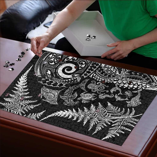 New Zealand Sea Animals Puzzle with Maori Koru Tribal Tattoo and Silver Ferns Black Color