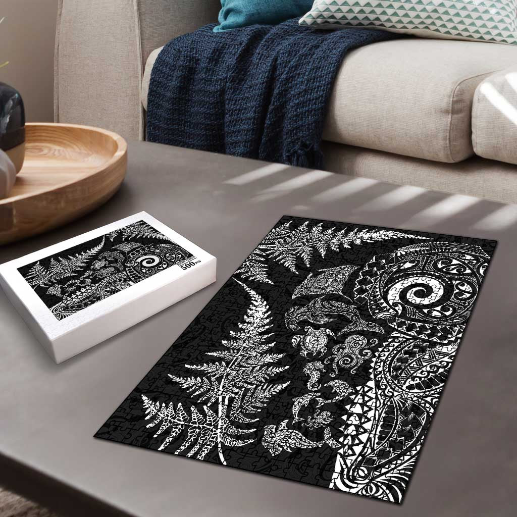 New Zealand Sea Animals Puzzle with Maori Koru Tribal Tattoo and Silver Ferns Black Color