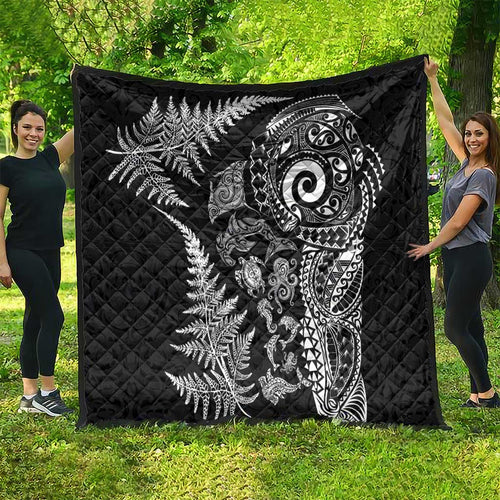 New Zealand Sea Animals Quilt with Maori Koru Tribal Tattoo and Silver Ferns Black Color