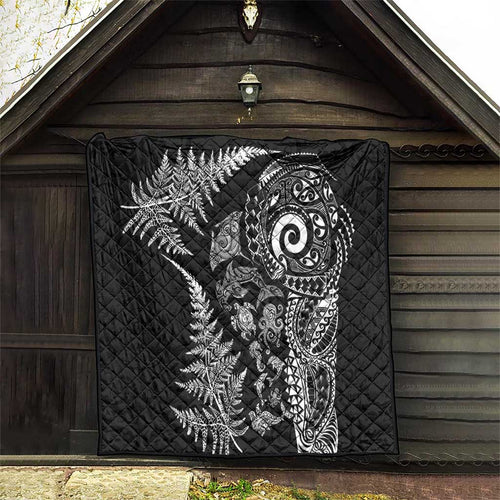 New Zealand Sea Animals Quilt with Maori Koru Tribal Tattoo and Silver Ferns Black Color