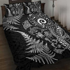 New Zealand Sea Animals Quilt Bed Set with Maori Koru Tribal Tattoo and Silver Ferns Black Color