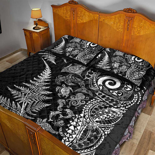 New Zealand Sea Animals Quilt Bed Set with Maori Koru Tribal Tattoo and Silver Ferns Black Color