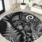 New Zealand Sea Animals Round Carpet with Maori Koru Tribal Tattoo and Silver Ferns Black Color