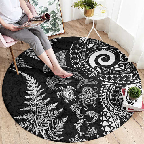 New Zealand Sea Animals Round Carpet with Maori Koru Tribal Tattoo and Silver Ferns Black Color