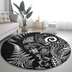 New Zealand Sea Animals Round Carpet with Maori Koru Tribal Tattoo and Silver Ferns Black Color