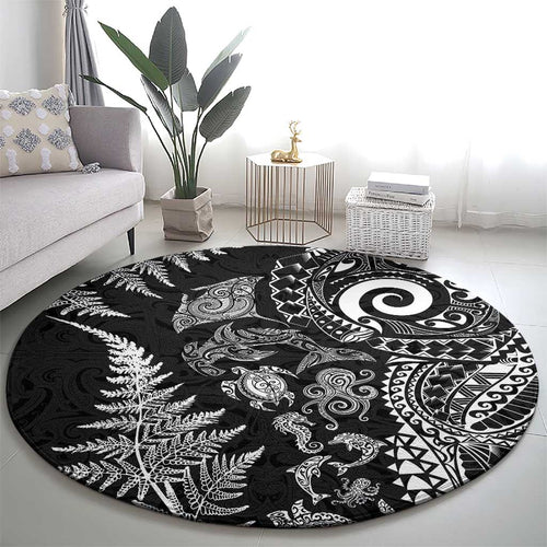 New Zealand Sea Animals Round Carpet with Maori Koru Tribal Tattoo and Silver Ferns Black Color