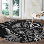 New Zealand Sea Animals Round Carpet with Maori Koru Tribal Tattoo and Silver Ferns Black Color