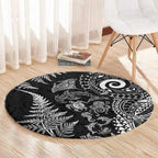 New Zealand Sea Animals Round Carpet with Maori Koru Tribal Tattoo and Silver Ferns Black Color