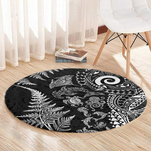New Zealand Sea Animals Round Carpet with Maori Koru Tribal Tattoo and Silver Ferns Black Color