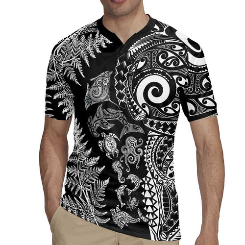 New Zealand Sea Animals Rugby Jersey with Maori Koru Tribal Tattoo and Silver Ferns Black Color