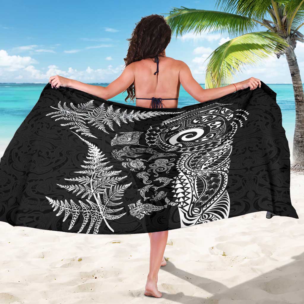 New Zealand Sea Animals Sarong with Maori Koru Tribal Tattoo and Silver Ferns Black Color