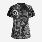New Zealand Sea Animals Scrub Top with Maori Koru Tribal Tattoo and Silver Ferns Black Color