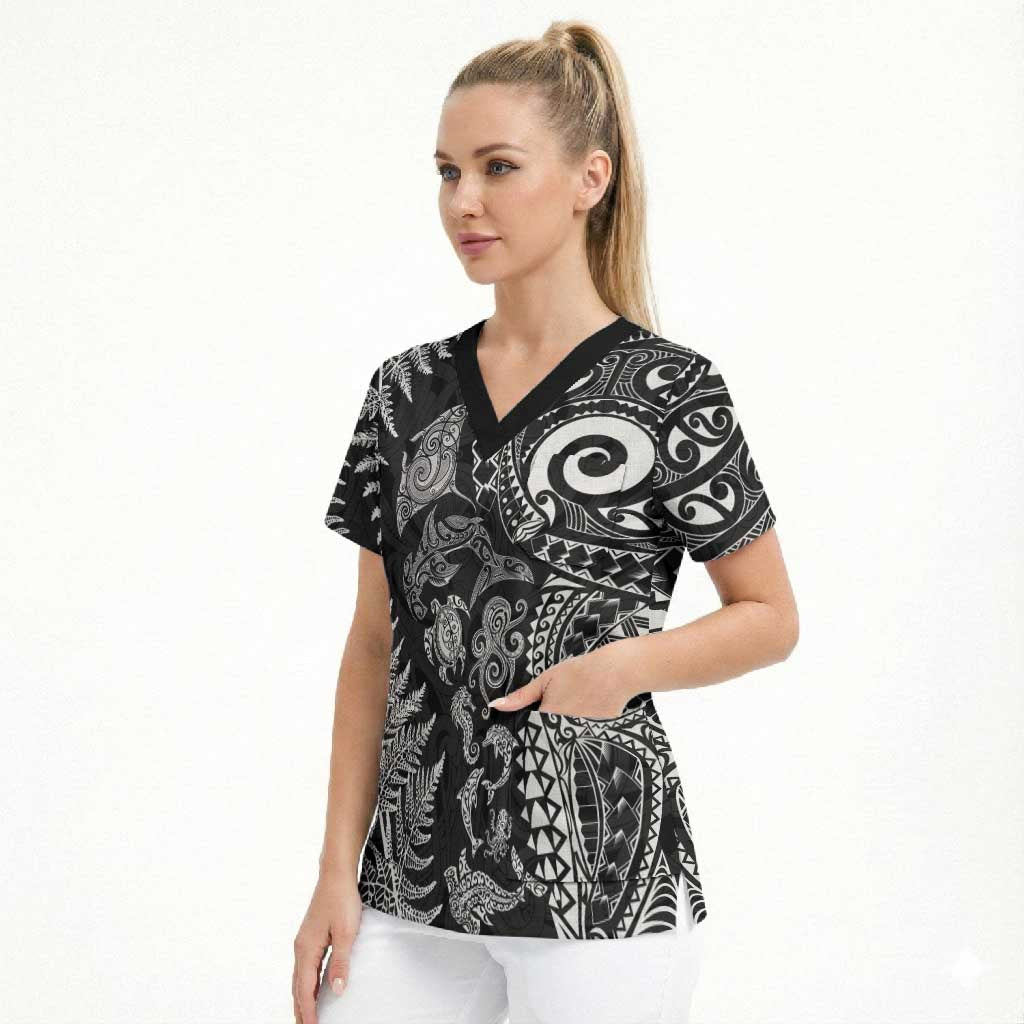 New Zealand Sea Animals Scrub Top with Maori Koru Tribal Tattoo and Silver Ferns Black Color