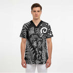 New Zealand Sea Animals Scrub Top with Maori Koru Tribal Tattoo and Silver Ferns Black Color