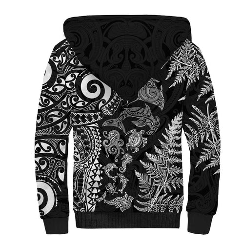 New Zealand Sea Animals Sherpa Hoodie with Maori Koru Tribal Tattoo and Silver Ferns Black Color