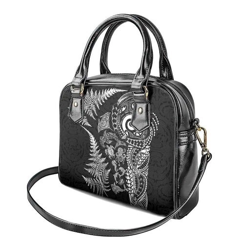 New Zealand Sea Animals Shoulder Handbag with Maori Koru Tribal Tattoo and Silver Ferns Black Color