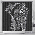 New Zealand Sea Animals Shower Curtain with Maori Koru Tribal Tattoo and Silver Ferns Black Color