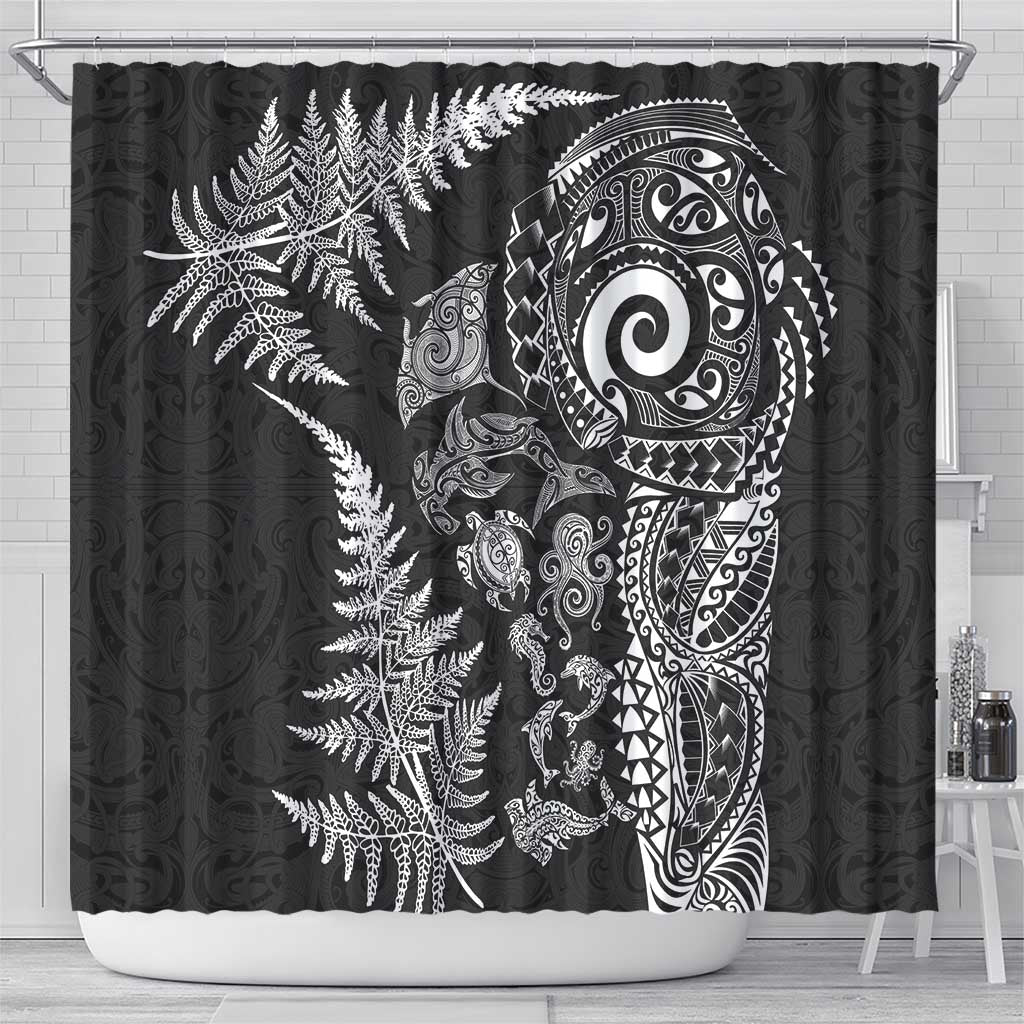 New Zealand Sea Animals Shower Curtain with Maori Koru Tribal Tattoo and Silver Ferns Black Color
