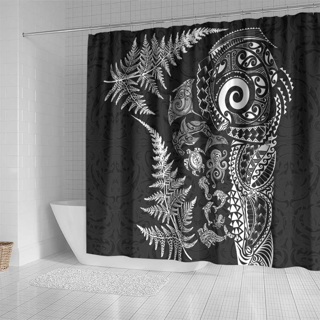 New Zealand Sea Animals Shower Curtain with Maori Koru Tribal Tattoo and Silver Ferns Black Color