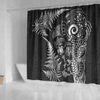New Zealand Sea Animals Shower Curtain with Maori Koru Tribal Tattoo and Silver Ferns Black Color