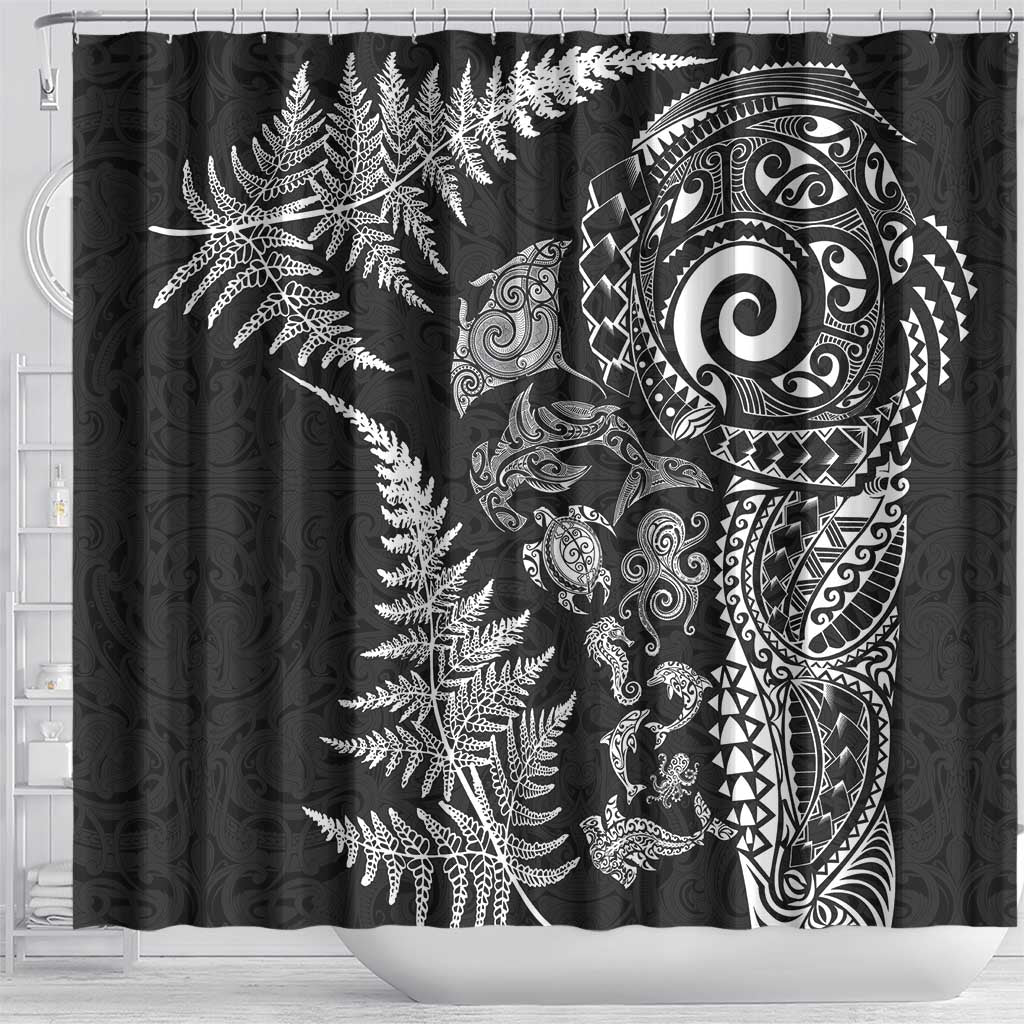 New Zealand Sea Animals Shower Curtain with Maori Koru Tribal Tattoo and Silver Ferns Black Color