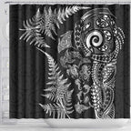New Zealand Sea Animals Shower Curtain with Maori Koru Tribal Tattoo and Silver Ferns Black Color