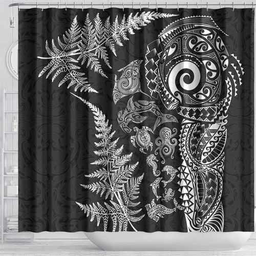 New Zealand Sea Animals Shower Curtain with Maori Koru Tribal Tattoo and Silver Ferns Black Color