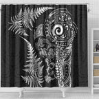 New Zealand Sea Animals Shower Curtain with Maori Koru Tribal Tattoo and Silver Ferns Black Color