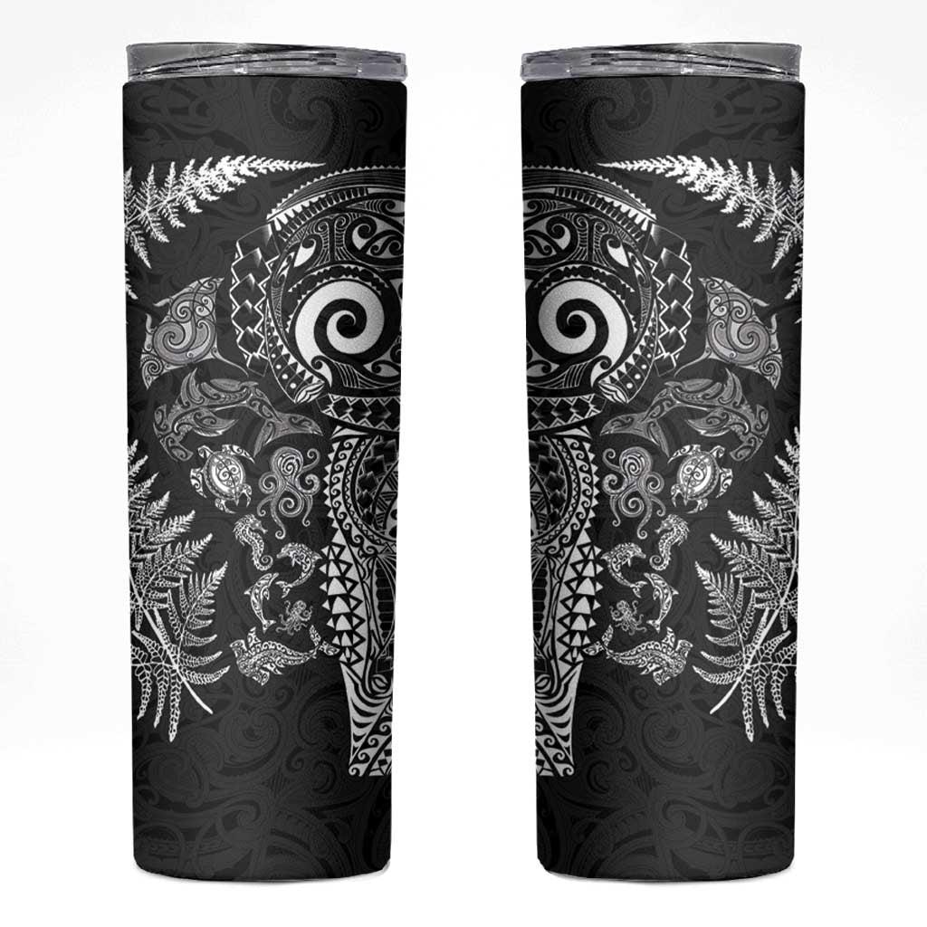 New Zealand Sea Animals Skinny Tumbler with Maori Koru Tribal Tattoo and Silver Ferns Black Color