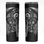 New Zealand Sea Animals Skinny Tumbler with Maori Koru Tribal Tattoo and Silver Ferns Black Color