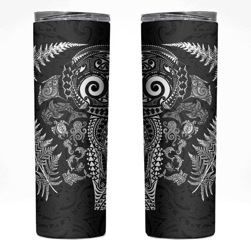 New Zealand Sea Animals Skinny Tumbler with Maori Koru Tribal Tattoo and Silver Ferns Black Color