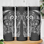 New Zealand Sea Animals Skinny Tumbler with Maori Koru Tribal Tattoo and Silver Ferns Black Color