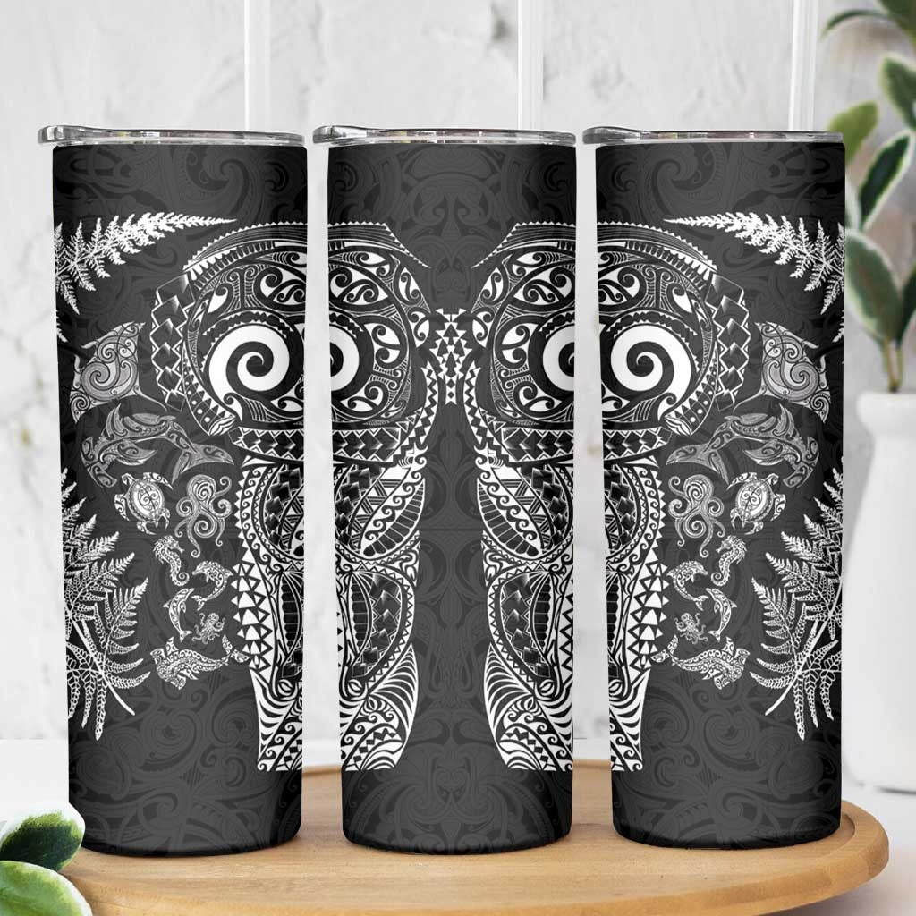 New Zealand Sea Animals Skinny Tumbler with Maori Koru Tribal Tattoo and Silver Ferns Black Color