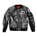 New Zealand Sea Animals Sleeve Zip Bomber Jacket with Maori Koru Tribal Tattoo and Silver Ferns Black Color