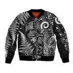 New Zealand Sea Animals Sleeve Zip Bomber Jacket with Maori Koru Tribal Tattoo and Silver Ferns Black Color