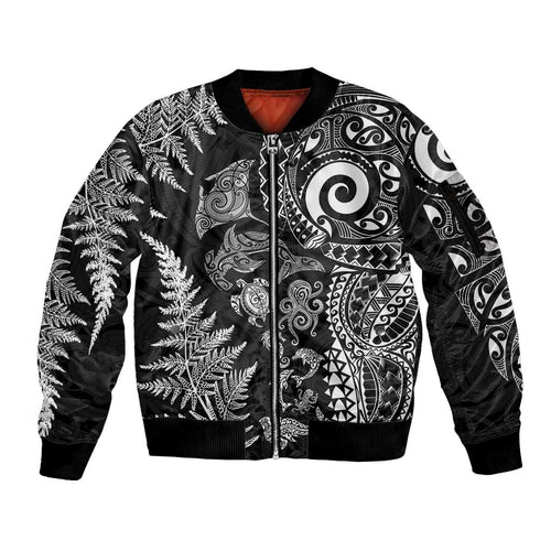 New Zealand Sea Animals Sleeve Zip Bomber Jacket with Maori Koru Tribal Tattoo and Silver Ferns Black Color