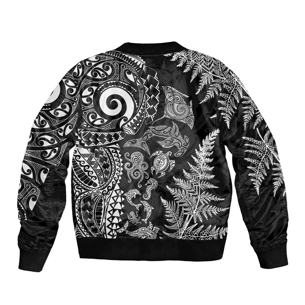 New Zealand Sea Animals Sleeve Zip Bomber Jacket with Maori Koru Tribal Tattoo and Silver Ferns Black Color