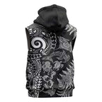 New Zealand Sea Animals Sleeveless Hoodie with Maori Koru Tribal Tattoo and Silver Ferns Black Color