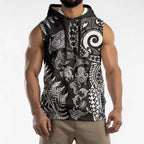 New Zealand Sea Animals Sleeveless Hoodie with Maori Koru Tribal Tattoo and Silver Ferns Black Color