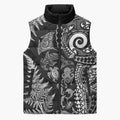 New Zealand Sea Animals Sleeveless Puffer Jacket with Maori Koru Tribal Tattoo and Silver Ferns Black Color