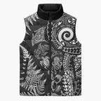 New Zealand Sea Animals Sleeveless Puffer Jacket with Maori Koru Tribal Tattoo and Silver Ferns Black Color