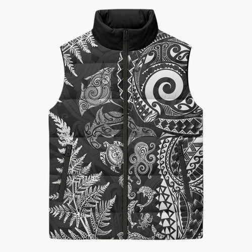 New Zealand Sea Animals Sleeveless Puffer Jacket with Maori Koru Tribal Tattoo and Silver Ferns Black Color