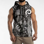 New Zealand Sea Animals Sleeveless Zip Hoodie with Maori Koru Tribal Tattoo and Silver Ferns Black Color