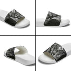 New Zealand Sea Animals Slide Sandals with Maori Koru Tribal Tattoo and Silver Ferns Black Color