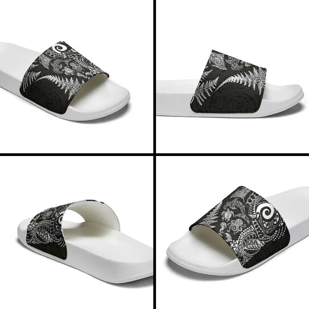 New Zealand Sea Animals Slide Sandals with Maori Koru Tribal Tattoo and Silver Ferns Black Color