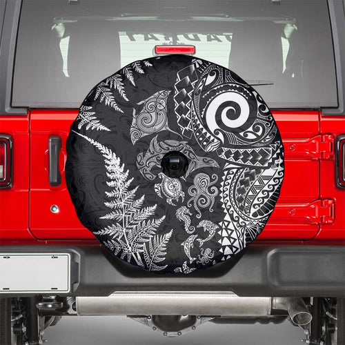 New Zealand Sea Animals Spare Tire Cover with Maori Koru Tribal Tattoo and Silver Ferns Black Color